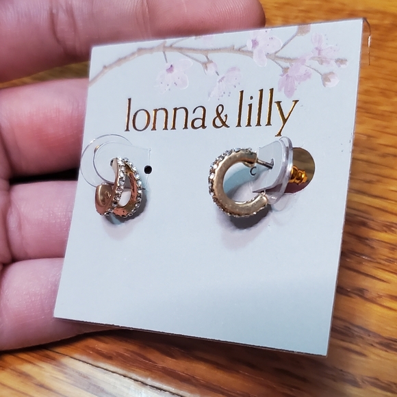 NEW! LONNA & LILLY Beautiful Classic Gold-Tone Inlaid Dual Mini Hoops Studs - Picture 3 of 4